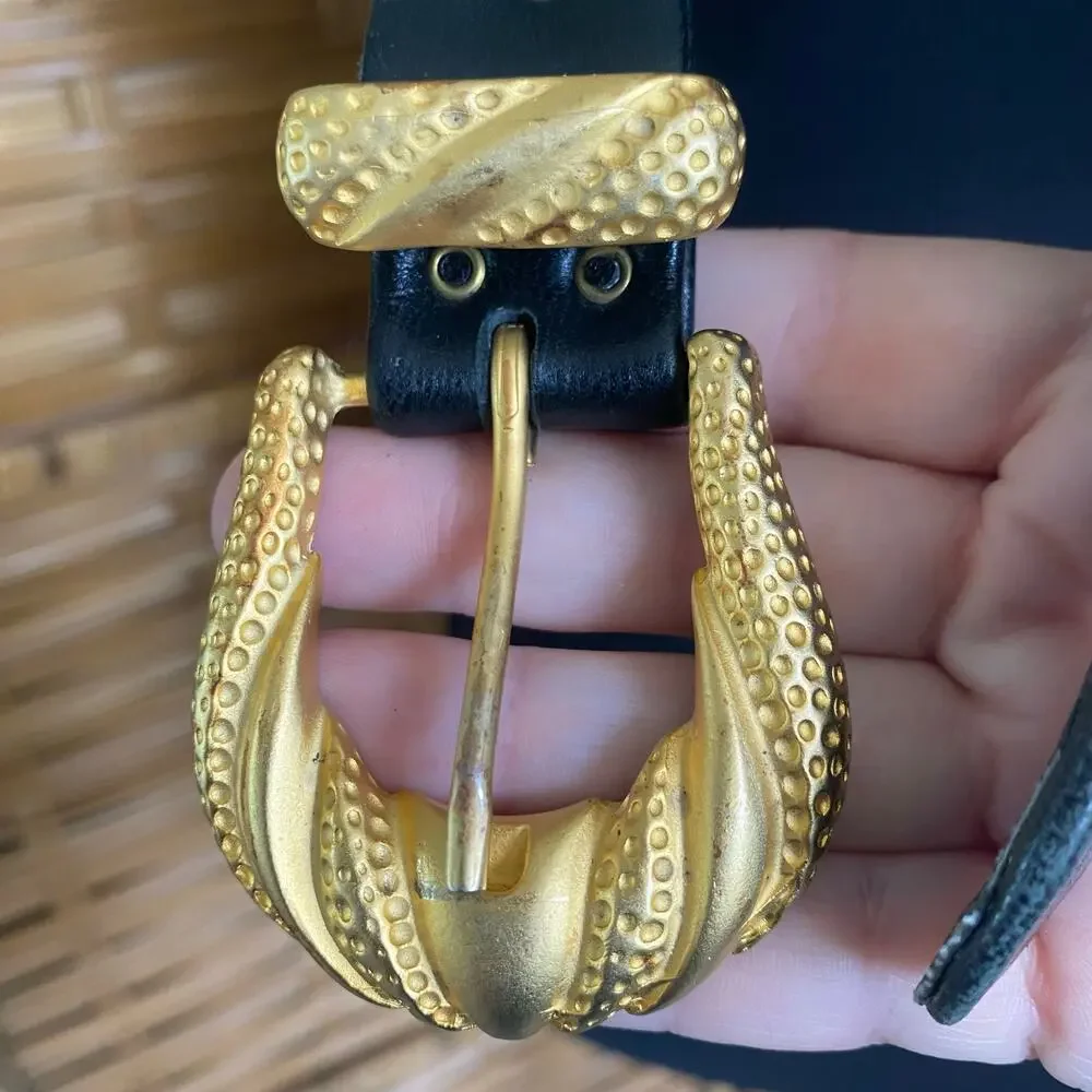 Salena’s Collection Black Leather Belt w/ Textured Gold Buckle, Western Boho